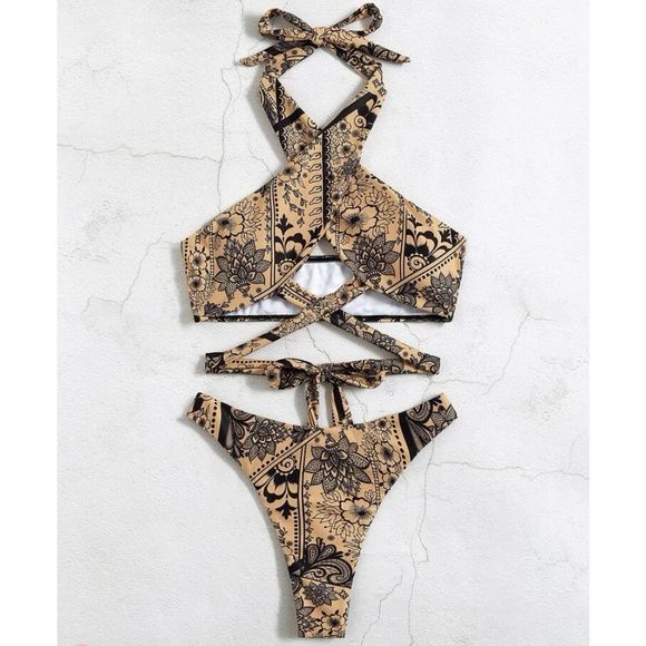 SHEIN Bikini Printed Cross Wrap Front Thong Size Large - Picture 1 of 11